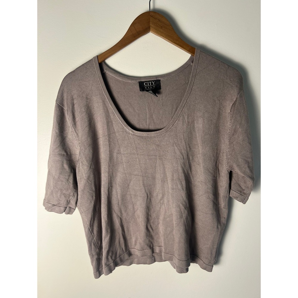 City Silk Knit Top Wm XL Taupe Mauve Scoop Neck Silk Blend Short Sleeve Minimal